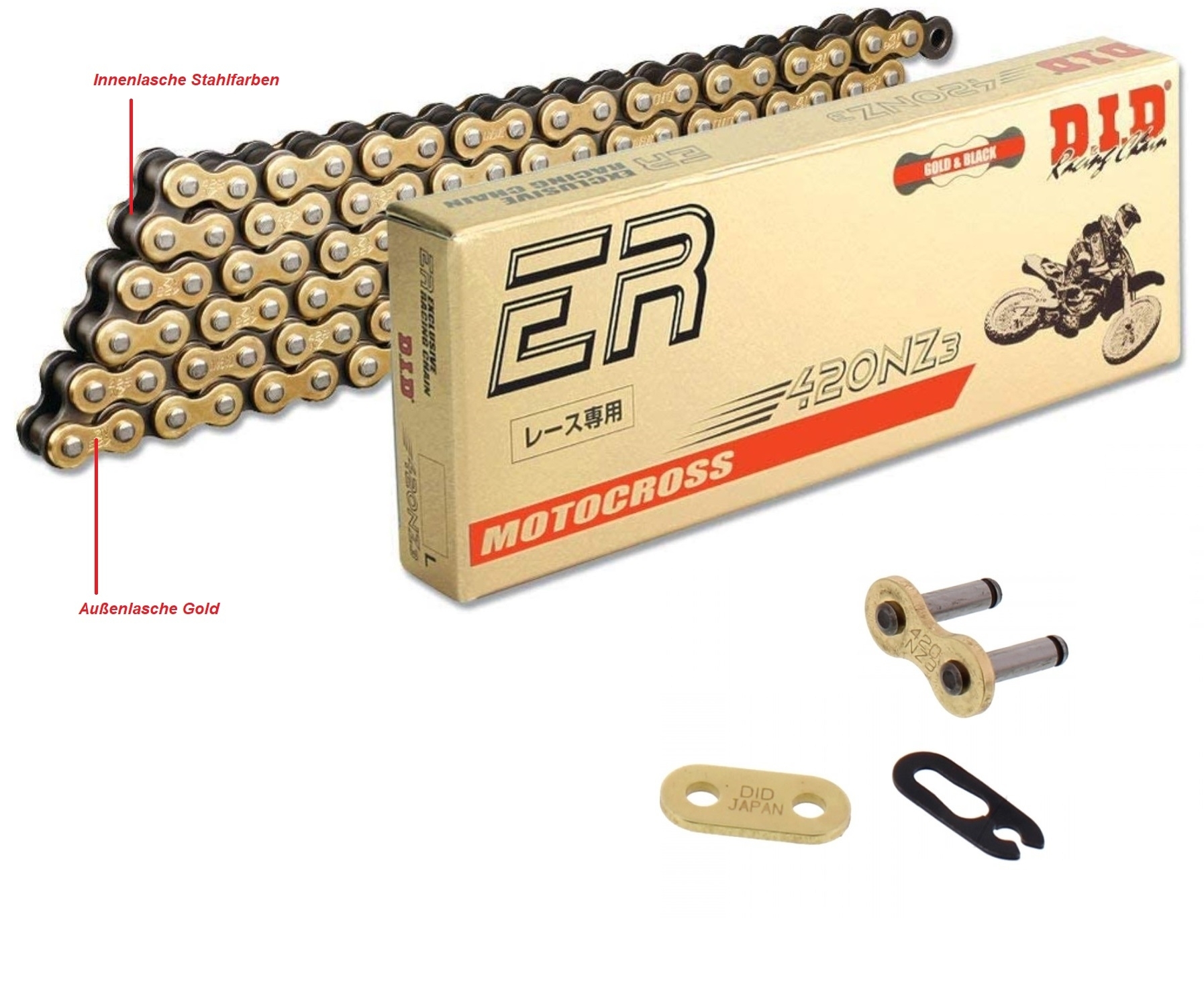 DID NZ3 Antriebskette offen Gold/Stahlfarben+Clipschloss 420 Teilung 104 Glieder