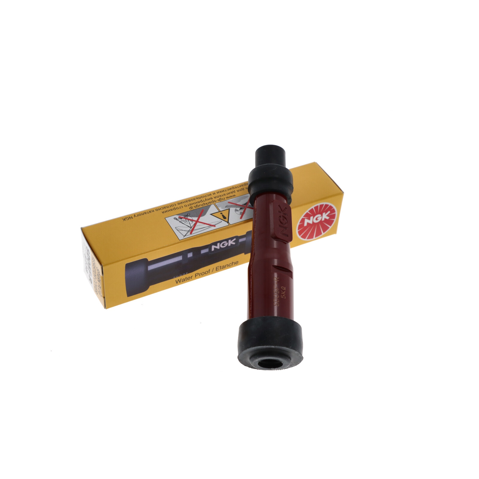 NGK Zündkerzenstecker SD05F-R 8238 Für 10/12 mm Kerzen, Phenolharz, gerade, Farbe rot, 5 Kilo Ohm entstört.